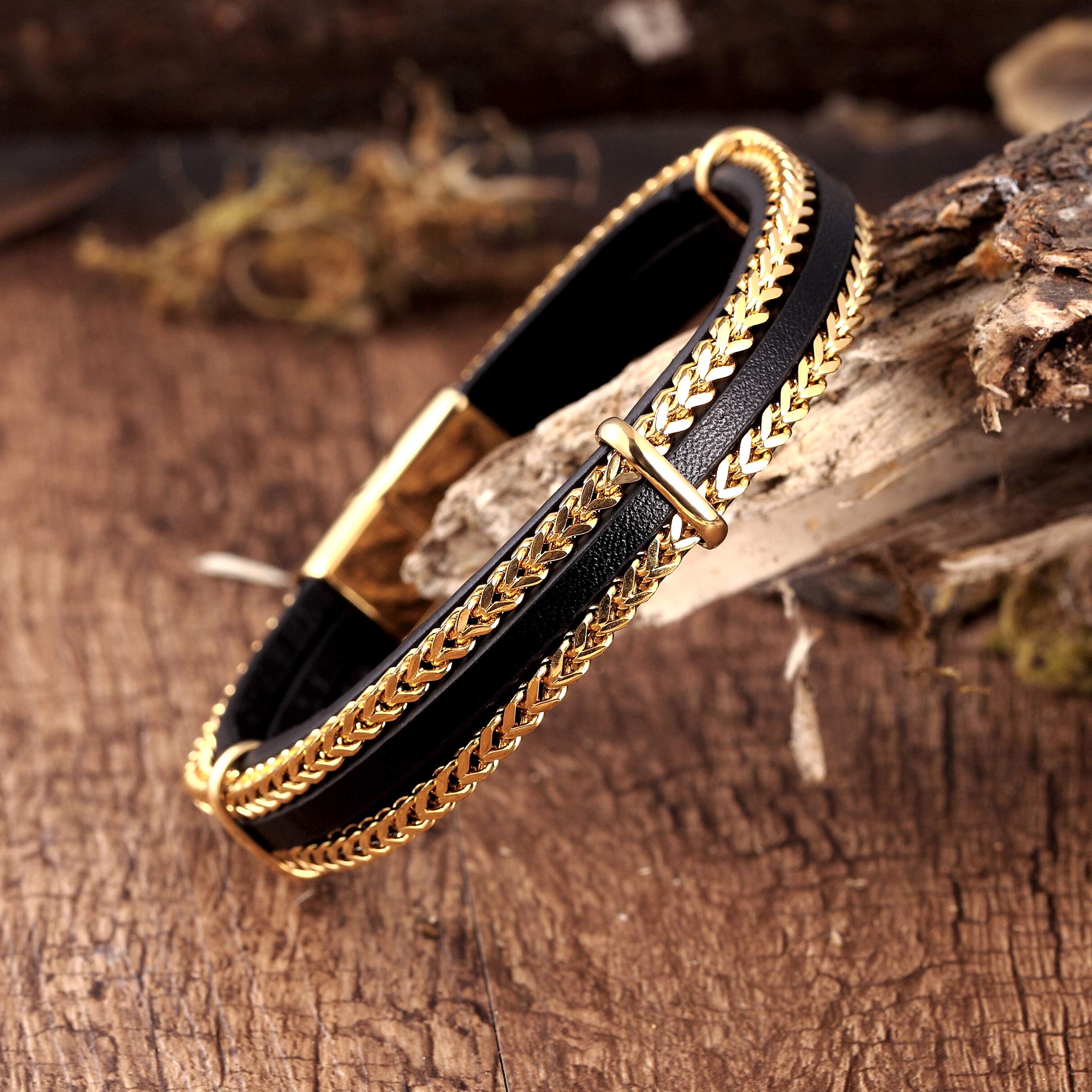 Urban Jewelry Splendid Men’s Bracelet – Silver or Gold Color Foxtail Chains with Contemporary Black Leather Detail – Made of Rust & Discoloration Resistant Stainless Steel and Genuine Leather