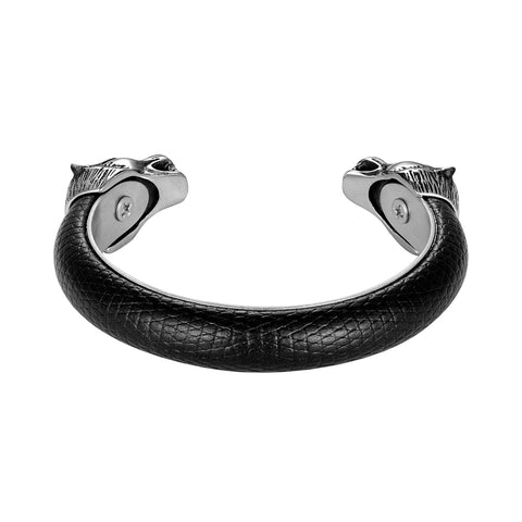 Beastly Stylish Men’s Bracelet – Wolf’s Head Adornment – Black & Polished Silver Color Band – Made of Genuine Leather & Rust Resistant Stainless Steel – Jewelry Gift or Accessory for Men