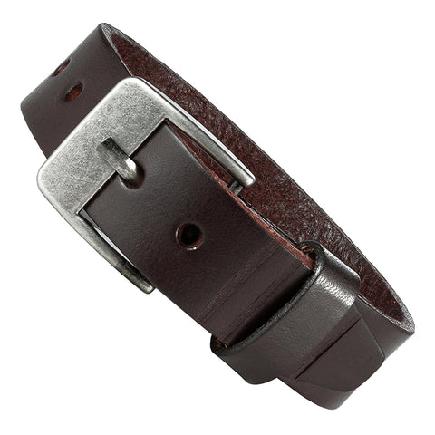 Men's Genuine Leather Cuff Bangle Bracelet Classic Urban Style (Brown, Silver, 6.3-8.25 inches)