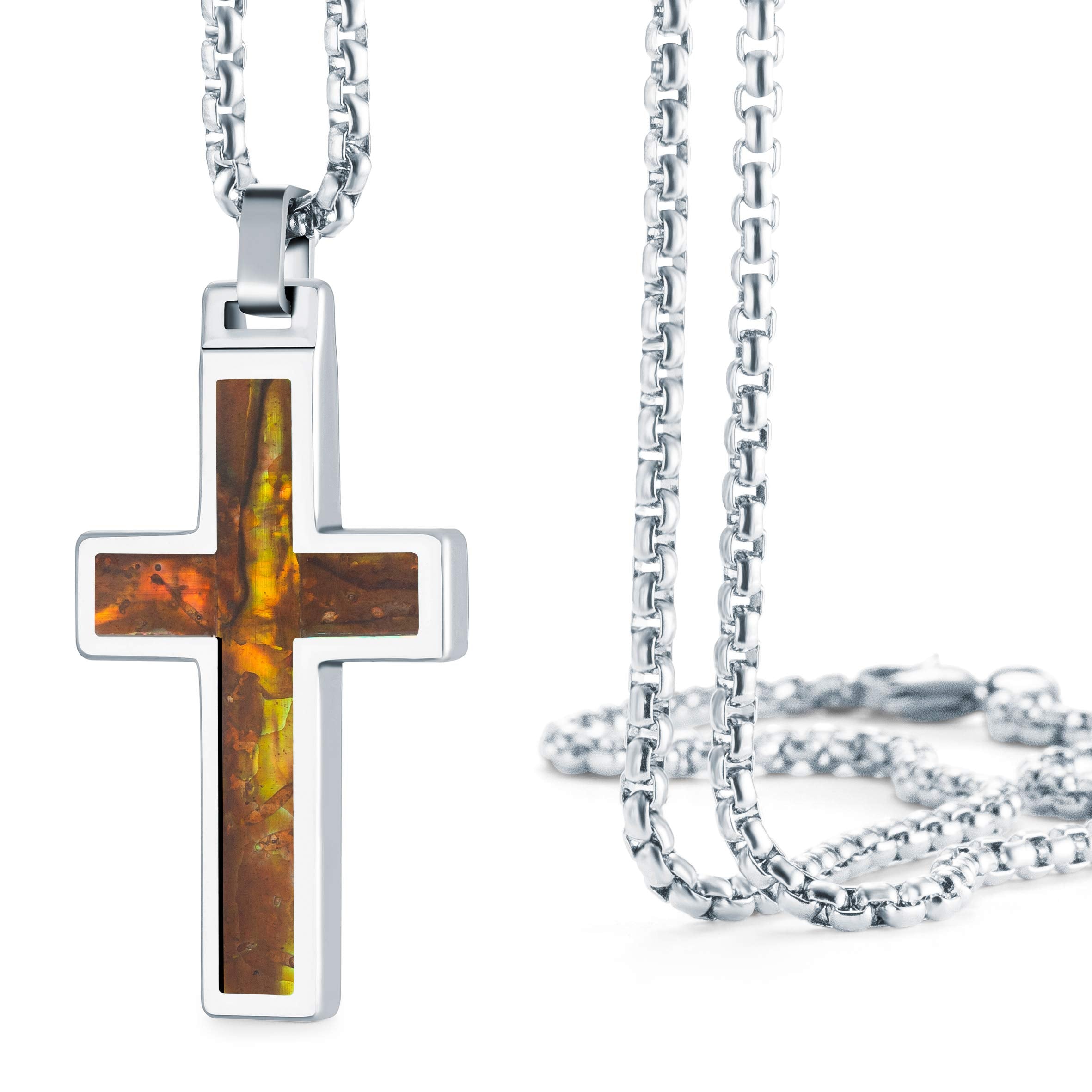 Tungsten Men’s Christian Necklace – Cross Pendant with Steel Chain 22” – – Made of Polished Solid Tungsten, Carbon Fiber, and Amethyst Shell Material – 6 Designs and Colors to Choose - Gift for Him