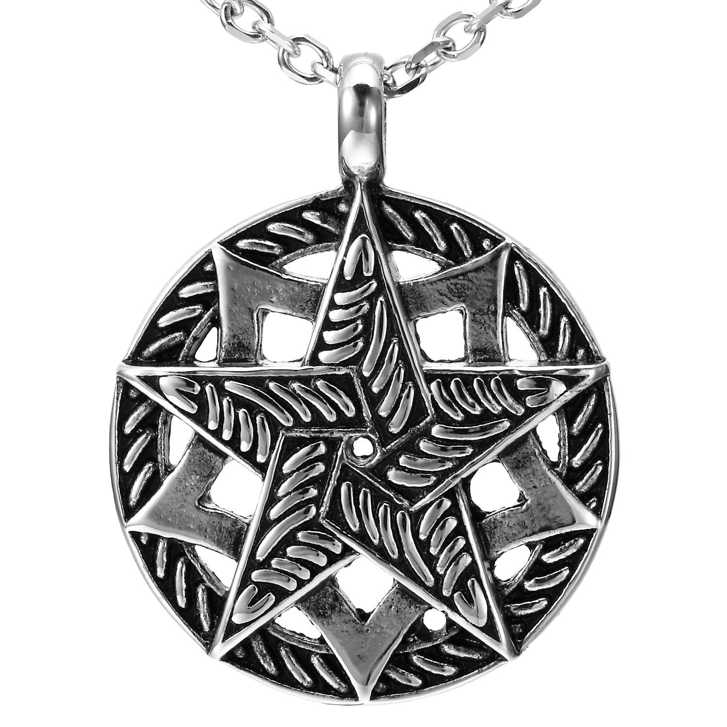Urban Jewelry Double Pentacle Pentagram Stainless Steel Pendant Necklace 21-inch chain (Black, Silver)