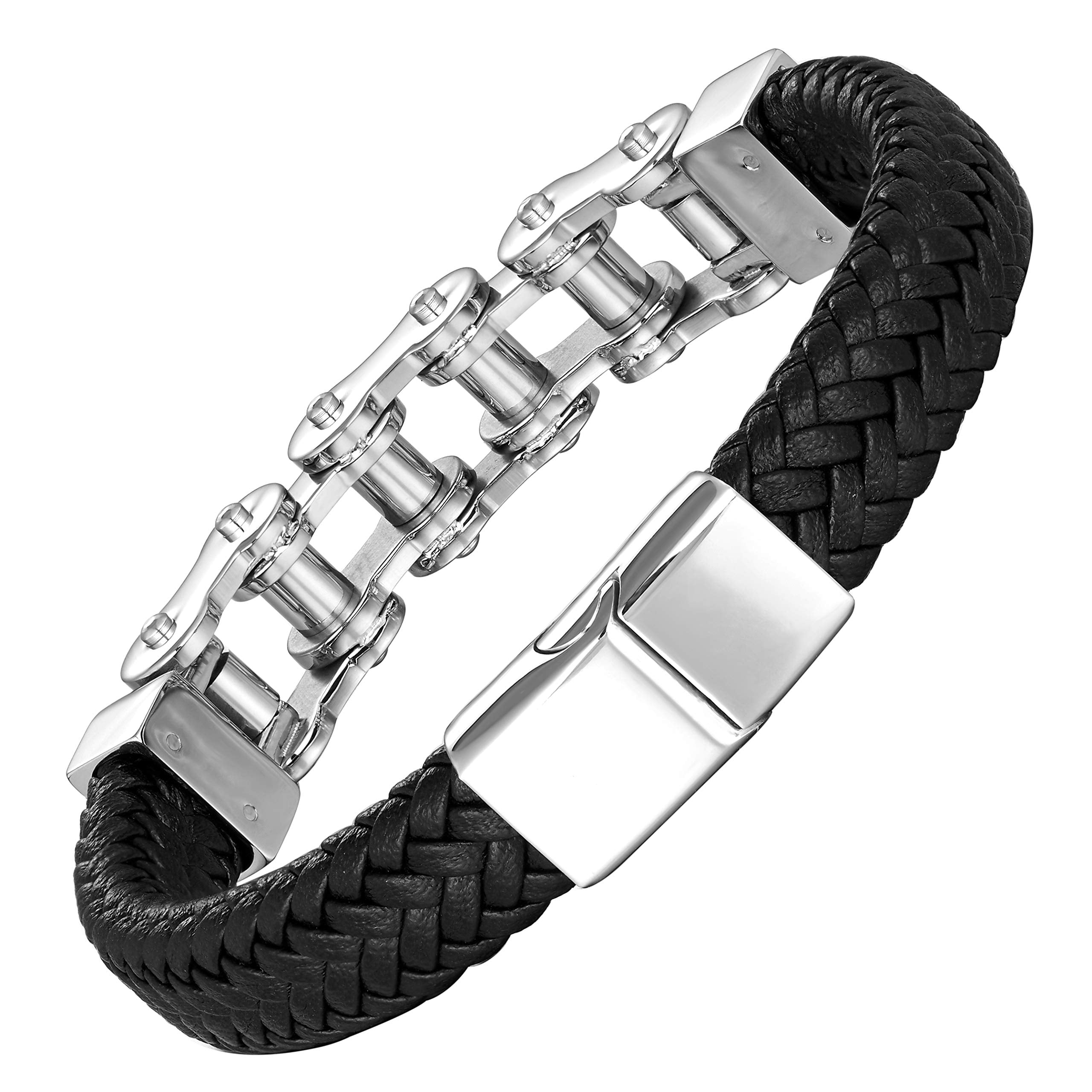 Dystopian Men’s Bracelet – Black Leather Braided Rope Bracelet with Contemporary Bike Chains – Genuine Leather & Stainless Steel – Black & Polished Silver Color – Jewelry Gift or Accessory for Men