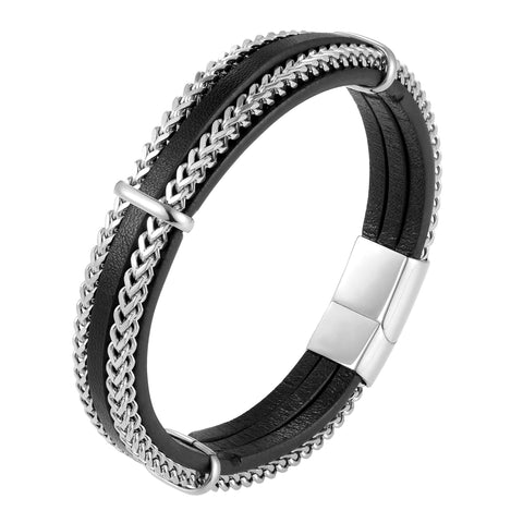 Urban Jewelry Splendid Men’s Bracelet – Silver or Gold Color Foxtail Chains with Contemporary Black Leather Detail – Made of Rust & Discoloration Resistant Stainless Steel and Genuine Leather