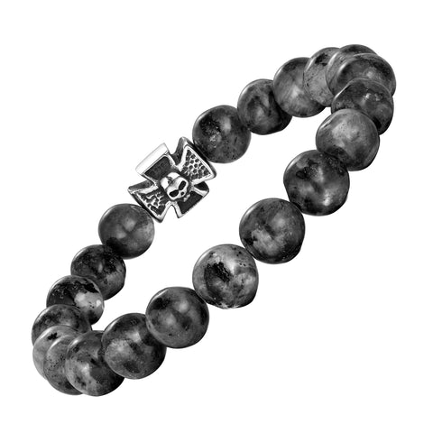 Bold Men’s Bracelet – Black Beads with Silver Color Death’s Skull and Cross Charm – Made of Black Marble & Polished Stainless Steel – Jewelry Gift or Accessory for Men