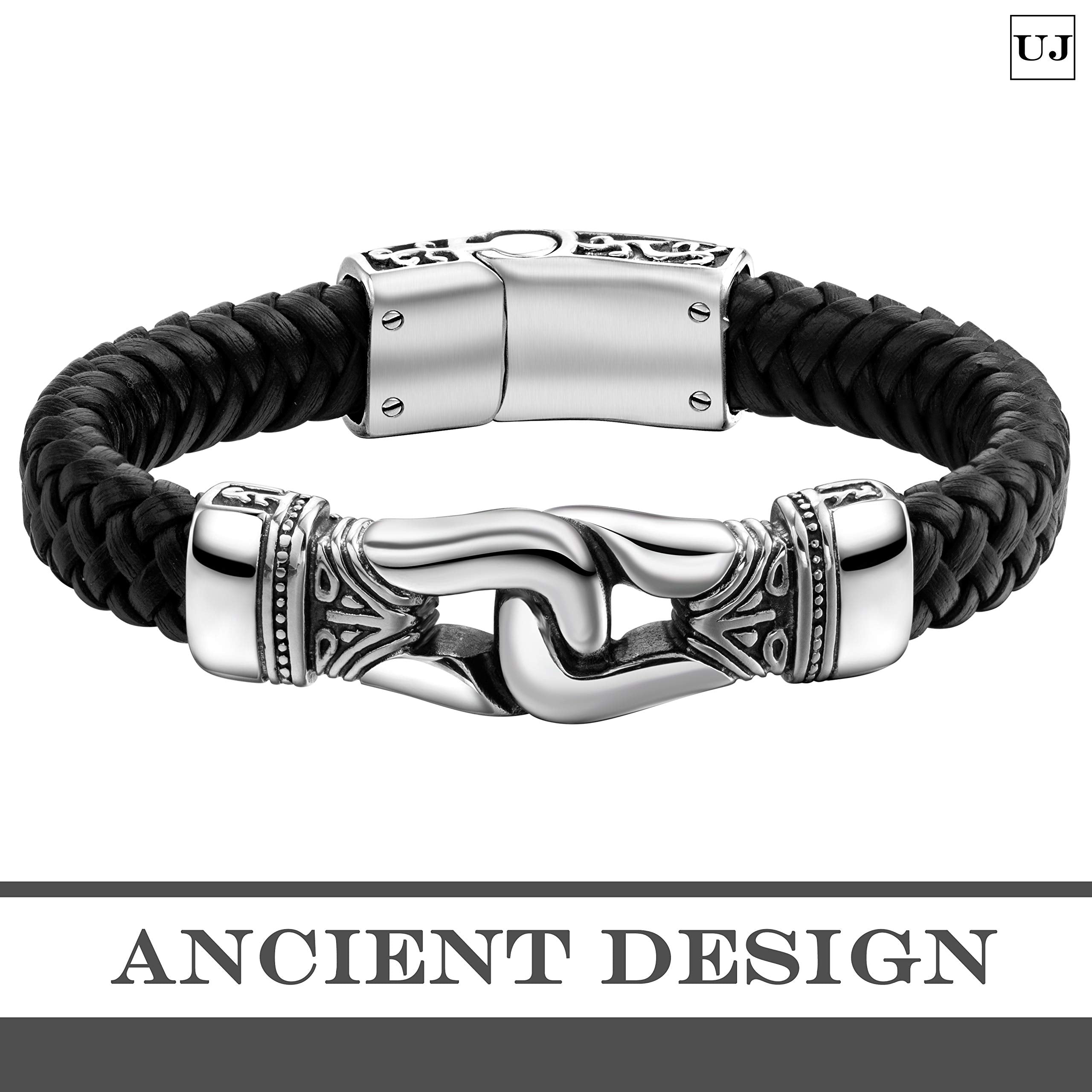 Urban Jewelry Men’s Bracelet – Ancient Pattern Design in a Polished Silver Finish and Black Leather Rope Chain – Made of Stainless Steel and Genuine Leather for Him