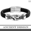 Image of Urban Jewelry Men’s Bracelet – Ancient Pattern Design in a Polished Silver Finish and Black Leather Rope Chain – Made of Stainless Steel and Genuine Leather for Him