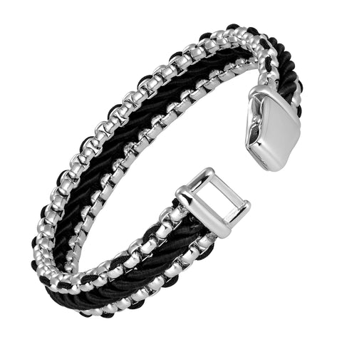 Contemporary Men’s Bracelet – Metallic Bead Chain Design with Contemporary Black Leather Detail –Genuine Leather & Stainless Steel – Black & Polished Silver Color – Jewelry Gift or Accessory for Men
