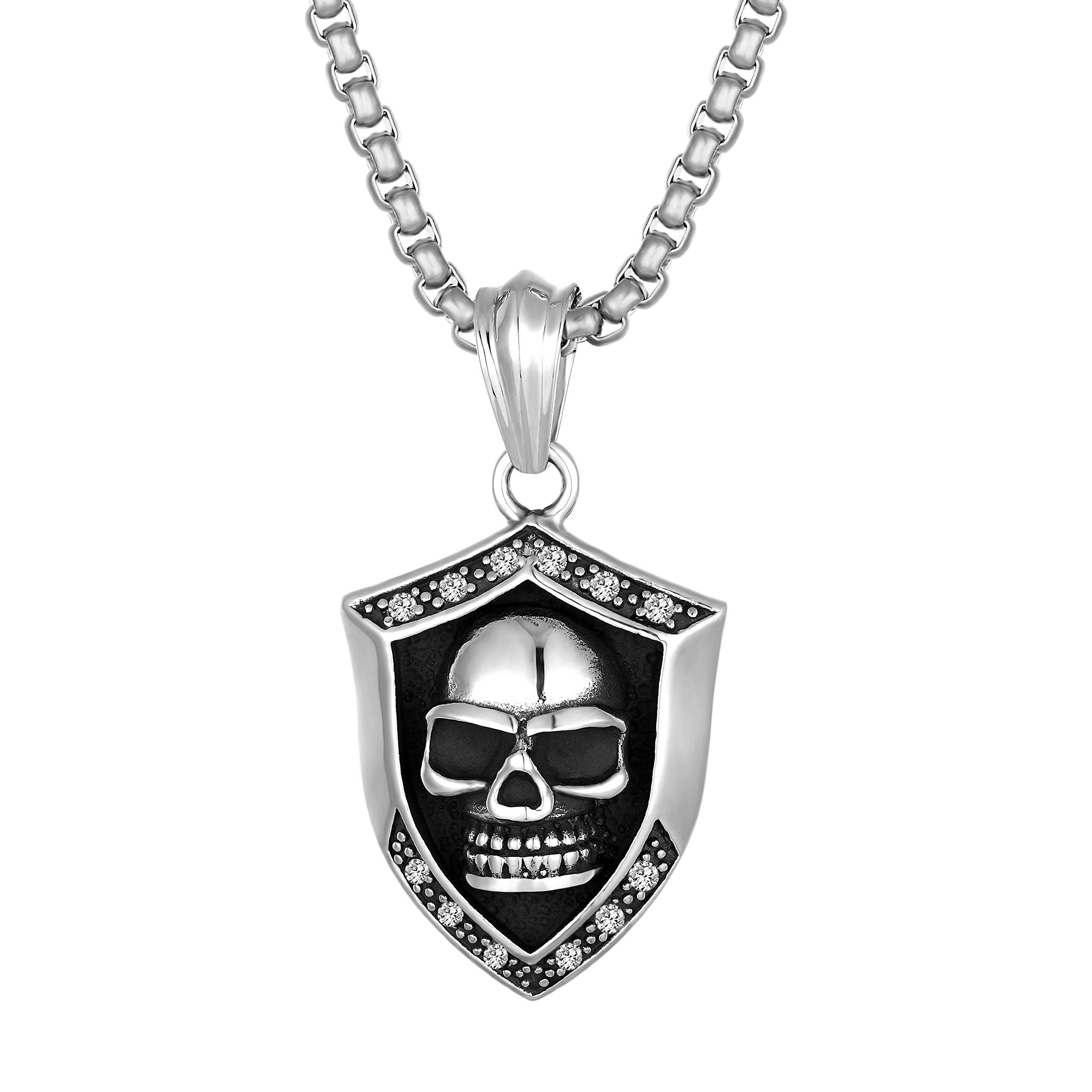 Bold Men’s Biker Necklace – Death’s Skull Shield Pendant in a Polished Black and Silver Color – Rust & Discoloration Resistant Stainless Steel Pendant and Chain – Jewelry Gift or Accessory for Men