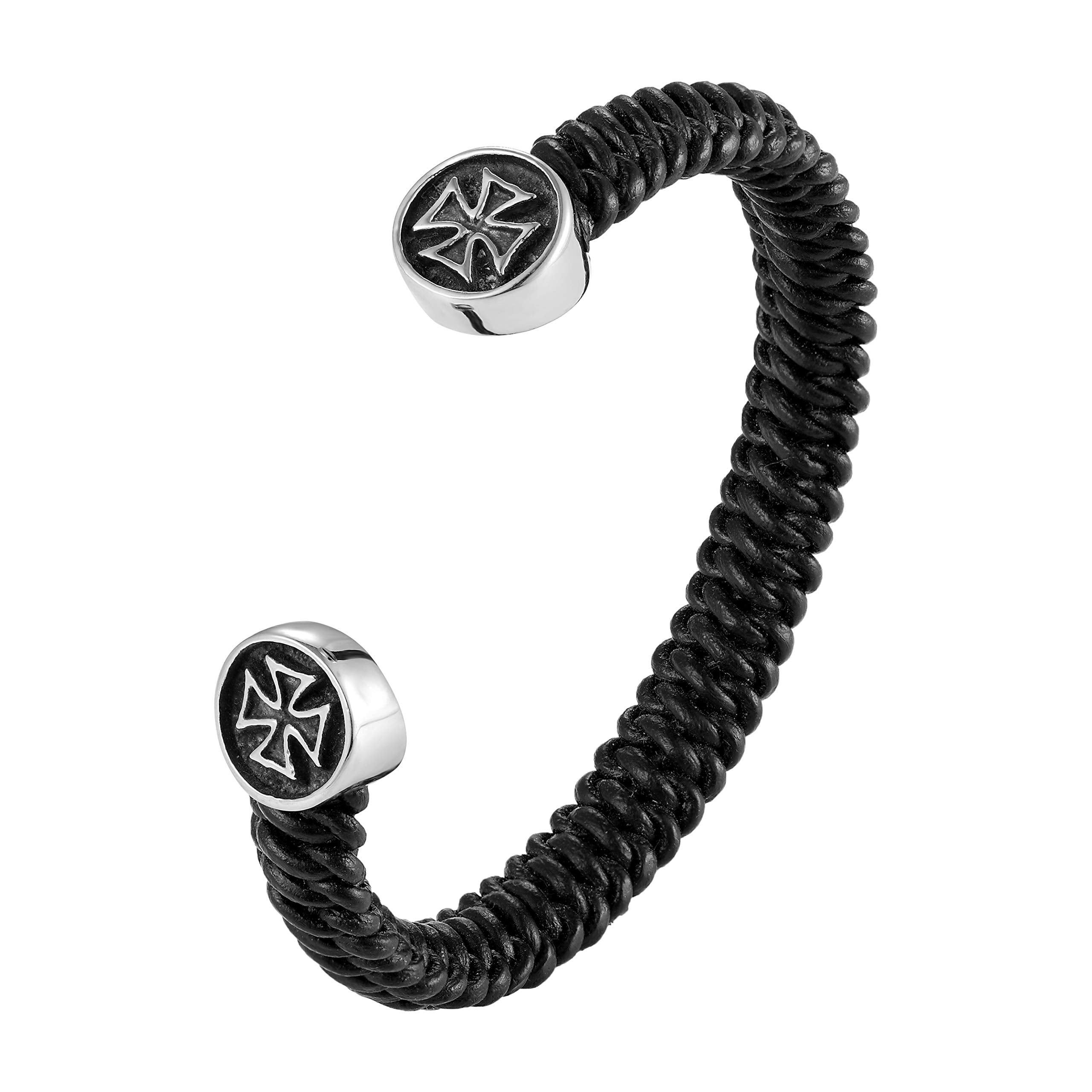 Stylish Men’s Bracelet – Bolnisi Cross Emblem in Black & Silver Color – Black Braided Rope Cord Band – Made of Genuine Leather & Rust Resistant Stainless Steel – Jewelry Gift or Accessory for