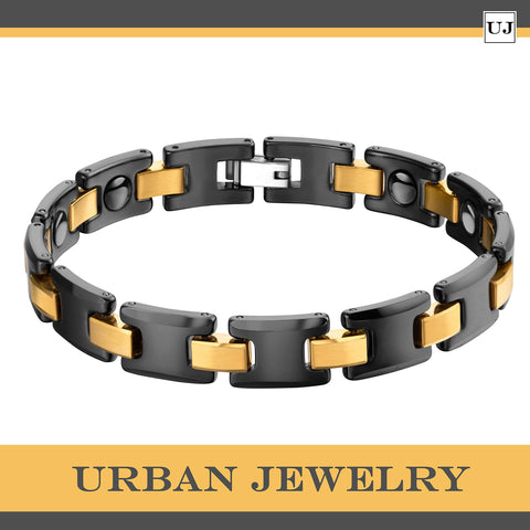 Urban Jewelry Men’s Bracelet Chain Link Design – Contrasting Black and Gold Color – Made of Solid Tungsten and Ceramic Material - 8.3 inch (21 cm) 10mm Wide