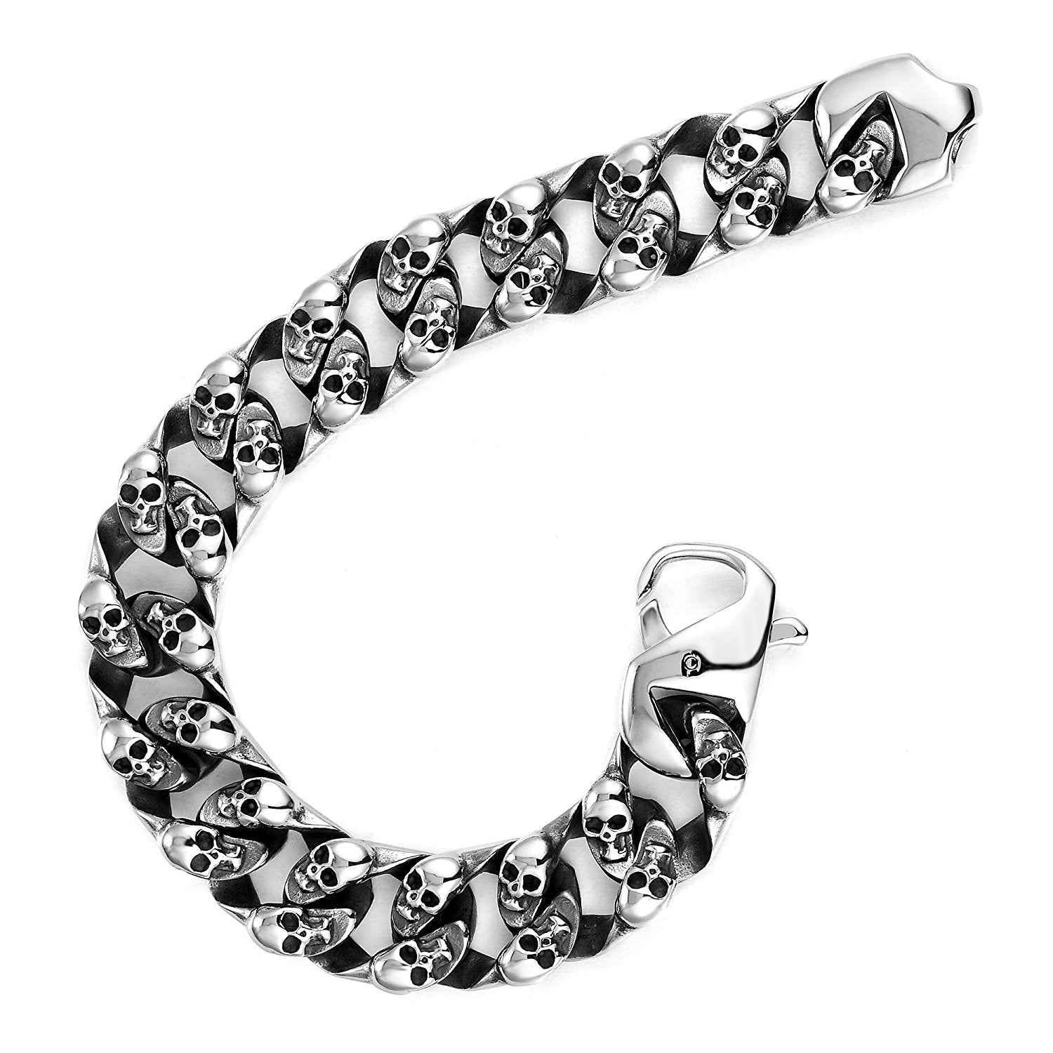 Urban Jewelry 8.6 Inches Stainless Steel Silver Tone Mini Skull Heads Link Chain Bracelet for Men