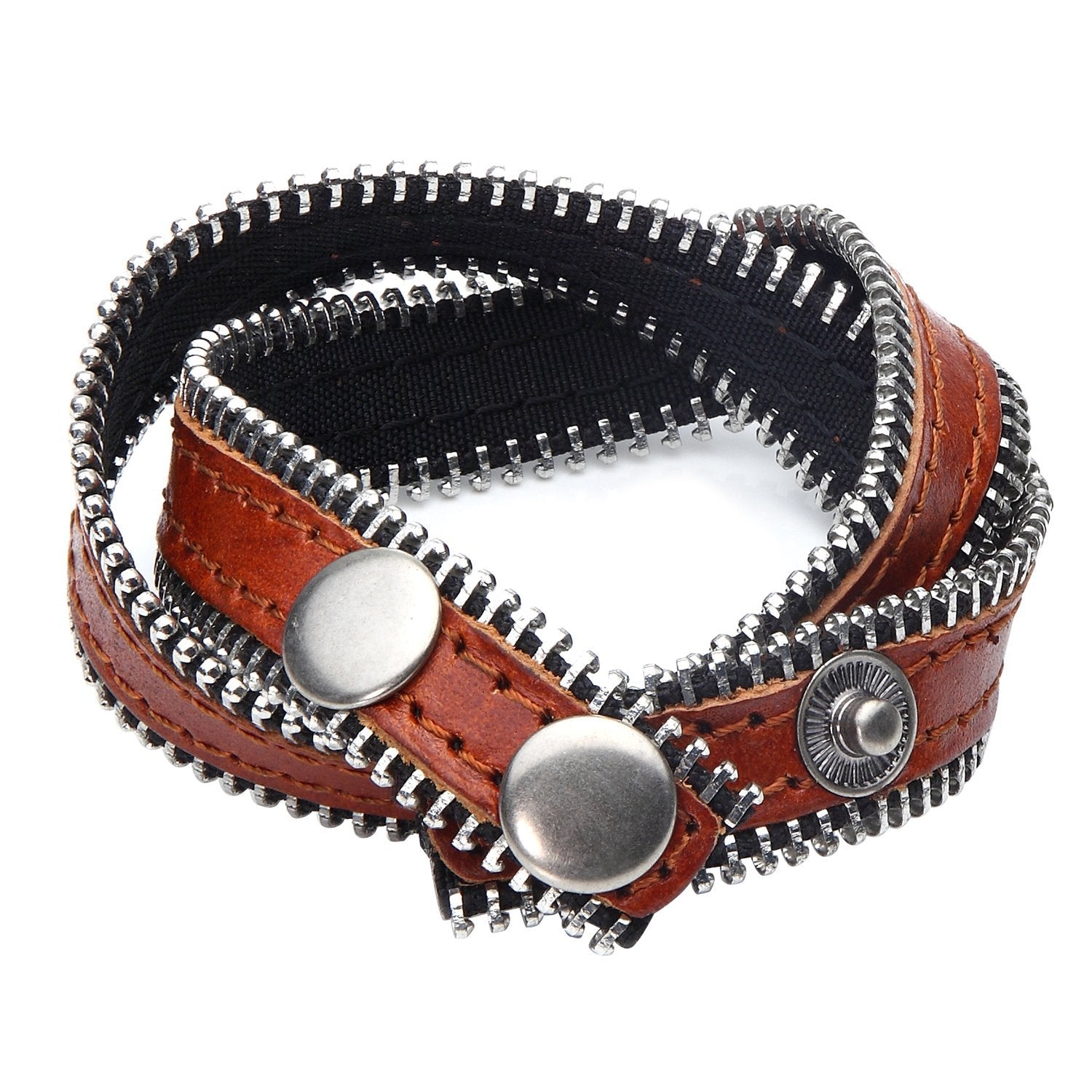 Urban Jewelry Zipper Style Brown Genuine Leather Wrap Cuff Bracelet for Men