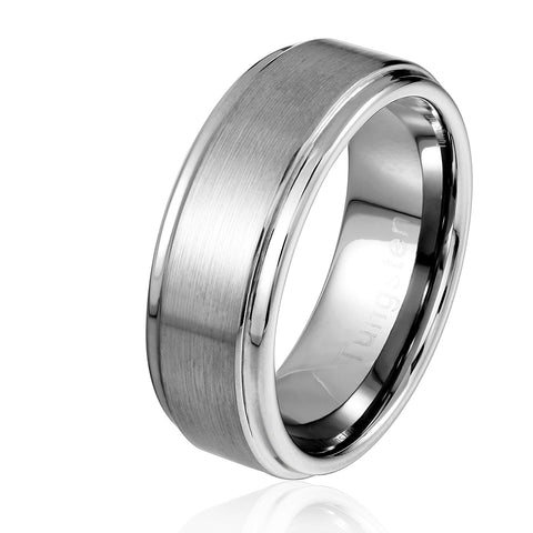 Urban Jewelry Beveled Edge Brushed Solid Tungsten 8 mm Comfort Fit Ring Band for Men
