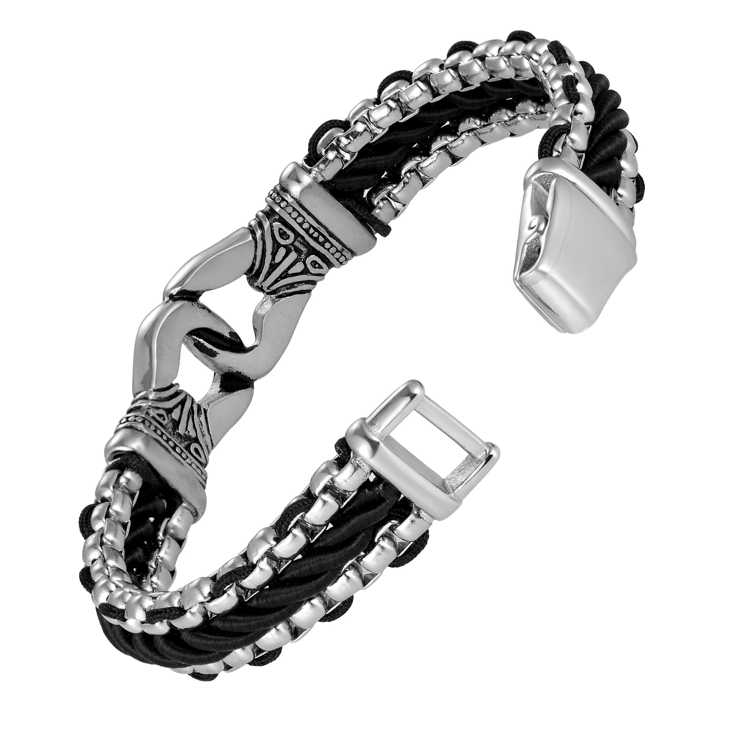 Contemporary Men’s Bracelet – Metallic Bead Chain Design with Ornamental Round Link – Genuine Leather & Stainless Steel – Black & Polished Silver Color – Jewelry Gift or Accessory for Men