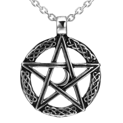 Vintage Style Pentacle Pentagram Crescent Moon Stainless Steel Pendant Necklace for Men (21-inch chain)