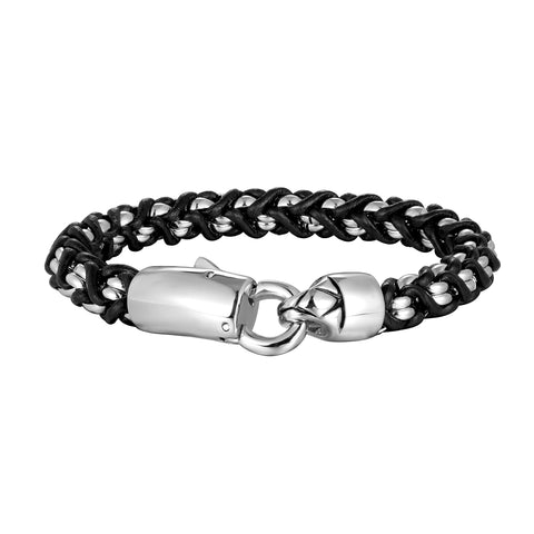 Contemporary Men’s Bracelet – Classic Link Chain with Trendy Intertwining Rope Detail – Black & Polished Silver Color – Stainless Steel & Genuine Leather Material – Jewelry Gift or Accessory for Men