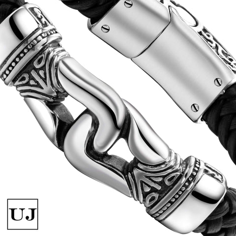 Urban Jewelry Men’s Bracelet – Ancient Pattern Design in a Polished Silver Finish and Black Leather Rope Chain – Made of Stainless Steel and Genuine Leather for Him