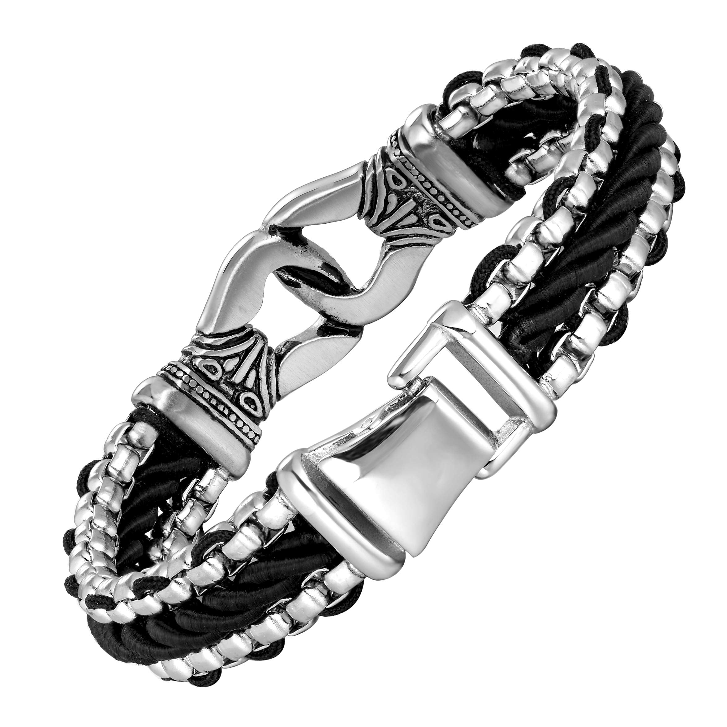 Contemporary Men’s Bracelet – Metallic Bead Chain Design with Ornamental Round Link – Genuine Leather & Stainless Steel – Black & Polished Silver Color – Jewelry Gift or Accessory for Men