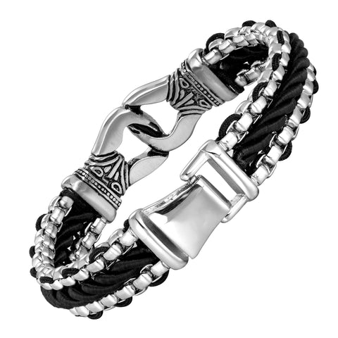 Contemporary Men’s Bracelet – Metallic Bead Chain Design with Ornamental Round Link – Genuine Leather & Stainless Steel – Black & Polished Silver Color – Jewelry Gift or Accessory for Men