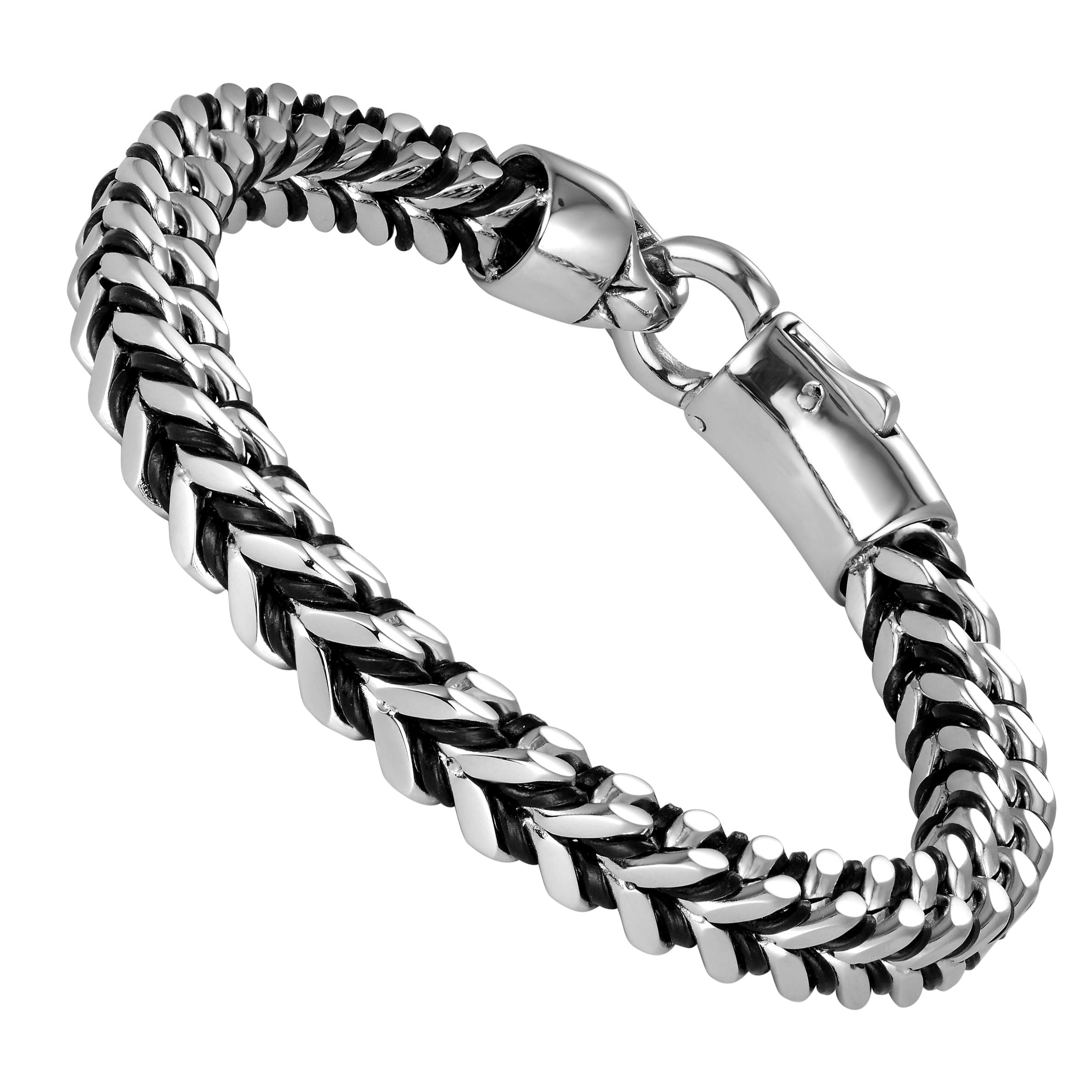 Mesmerizing Men’s Bracelet – Contrasting Silver Finish Foxtail Chain with Intricate Black Genuine Leather Detail – Rust & Discoloration Resistant Stainless Steel Chain – Jewelry Gift for Men
