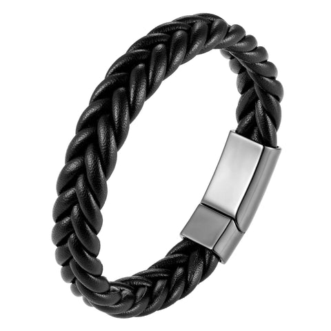 Stylish Men’s Bracelet – Contemporary Black Braided Leather Rope Design with Gunmetal Grey Clasp – Made of Comfy Genuine Leather & Stainless Steel – Jewelry Gift or Accessory for Men