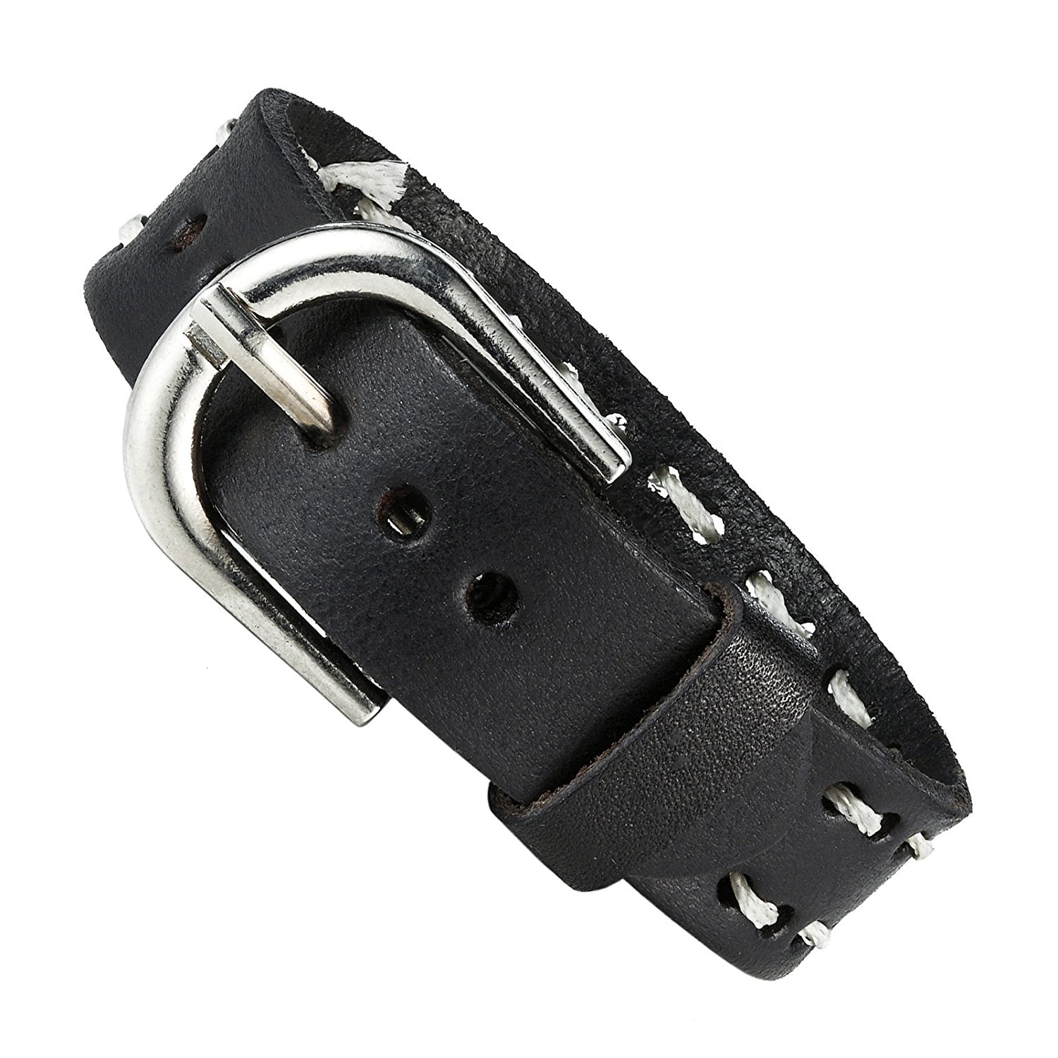 Men's Black & White Genuine Leather Cuff Bangle Bracelet Classic Style Accessory (Adjustable 6.3-8.25 inches)