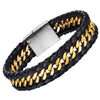 Image of Stylish Contemporary Men’s Bracelet – Braided Rope with Gourmette Chain Design – Black and Polished Gold Color – Made of Stainless Steel & Genuine Leather – Jewelry Gift or Accessory for Men