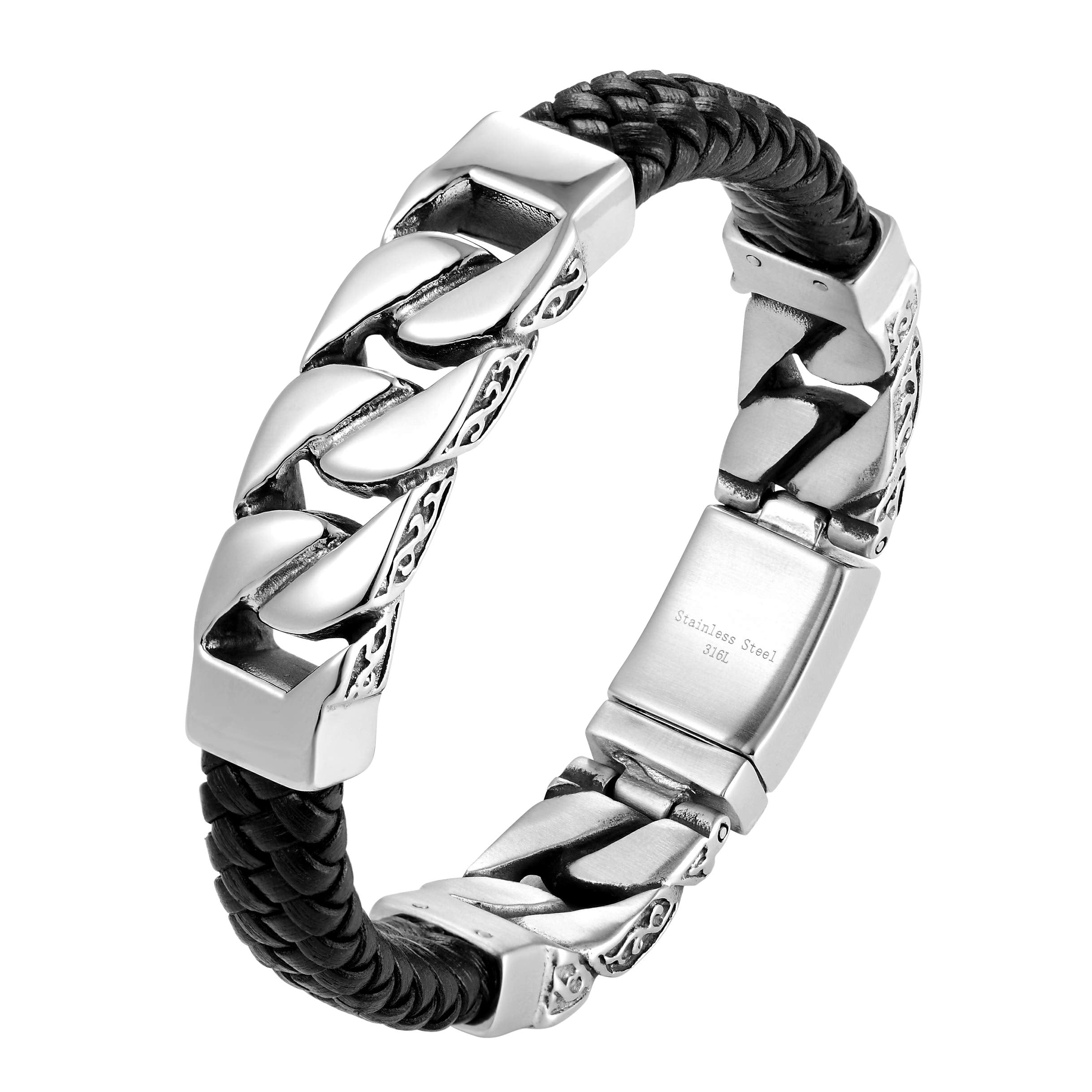 Dystopian Men’s Bracelet – Black Leather Braided Rope Bracelet with Contemporary Gourmette Chains – Genuine Leather & Stainless Steel – Black & Polished Silver Color – Jewelry Gift or Accessory for Me