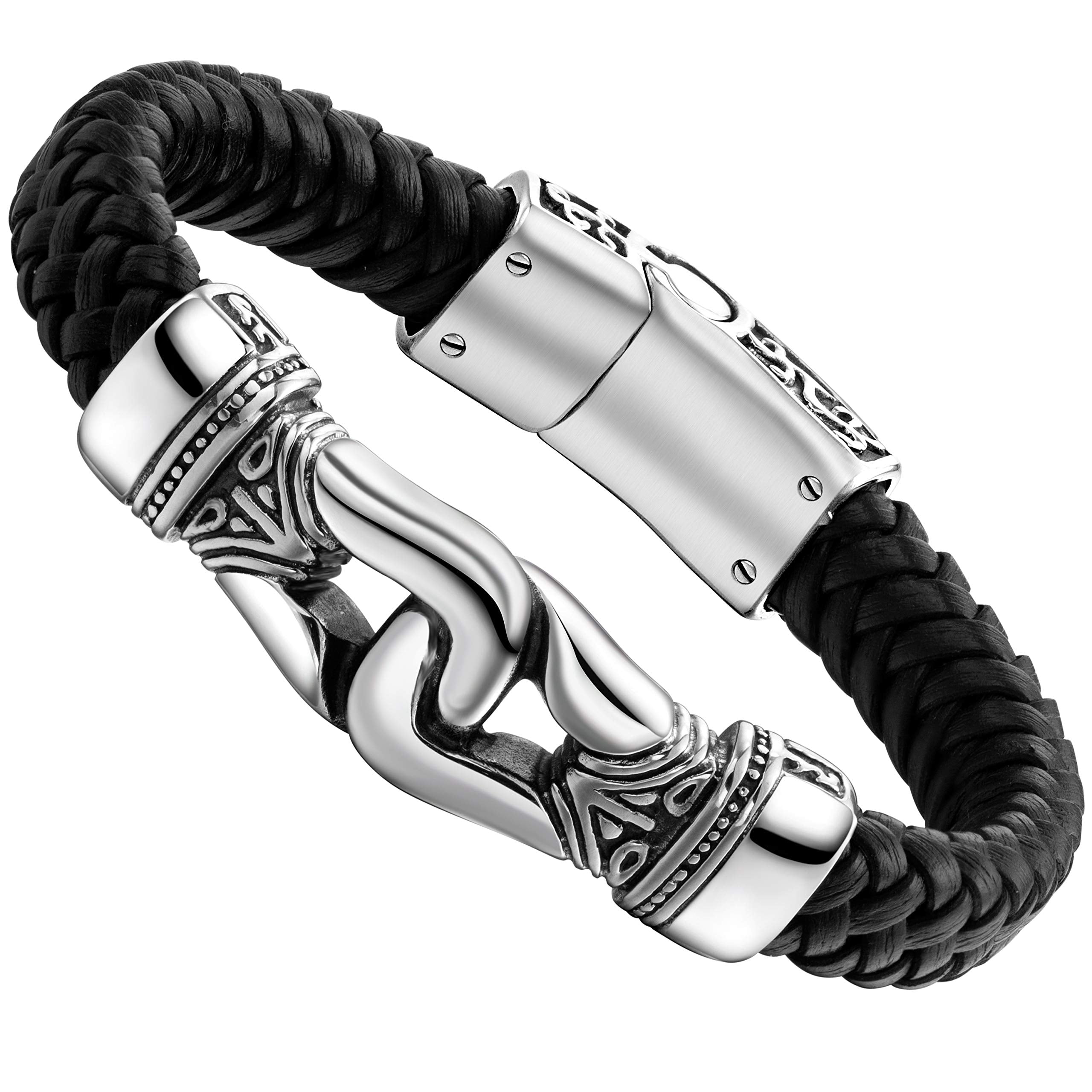 Urban Jewelry Men’s Bracelet – Ancient Pattern Design in a Polished Silver Finish and Black Leather Rope Chain – Made of Stainless Steel and Genuine Leather for Him