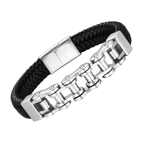 Dystopian Men’s Bracelet – Black Leather Braided Rope Bracelet with Contemporary Bike Chains – Genuine Leather & Stainless Steel – Black & Polished Silver Color – Jewelry Gift or Accessory for Men