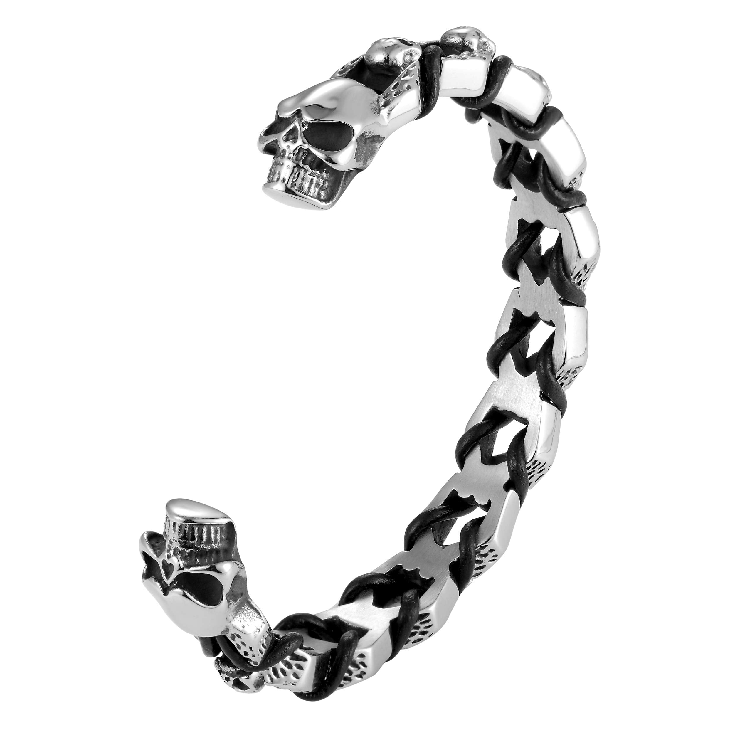 Bold Men’s Biker Bracelet – Death’s Skull Design in a Polished Silver Finish Band – Rust & Discoloration Resistant Stainless Steel with Black Genuine Leather Detail– Jewelry Gift for Men