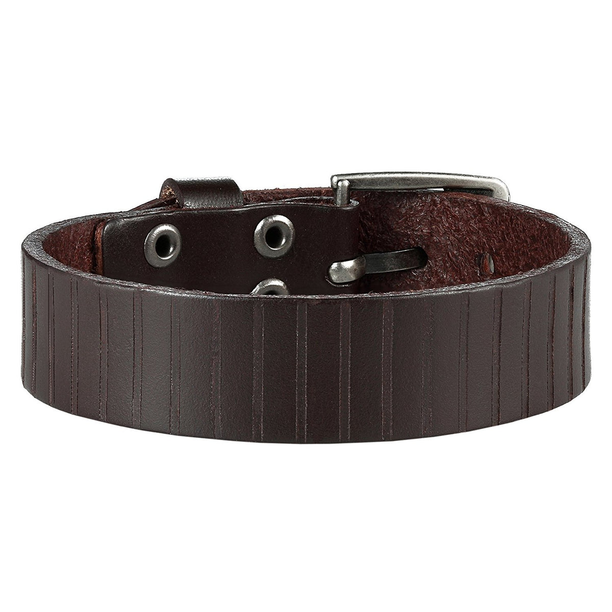 Men's Genuine Leather Cuff Bangle Bracelet Classic Urban Style (Brown, Silver, 6.3-8.25 inches)