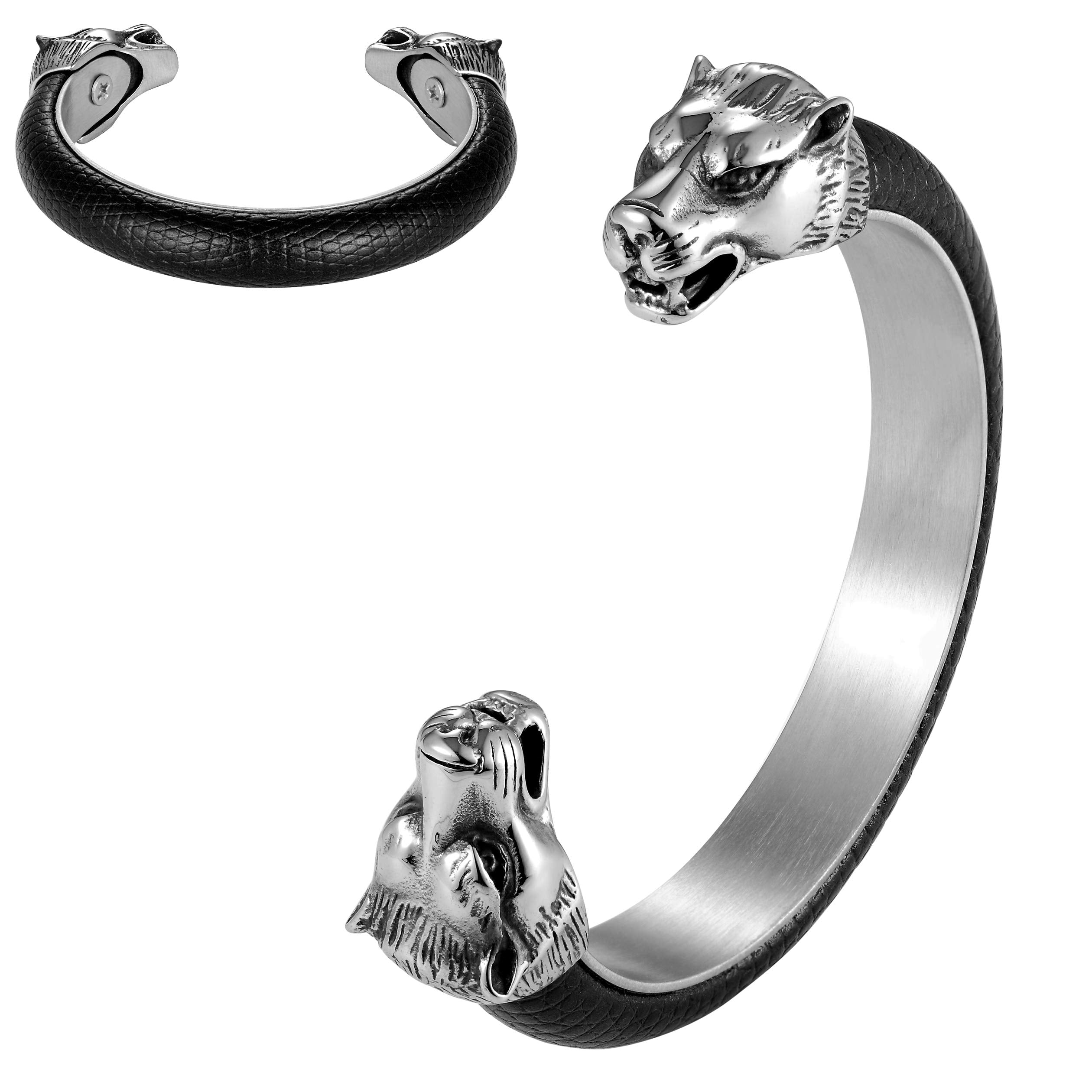 Beastly Stylish Men’s Bracelet – Wolf’s Head Adornment – Black & Polished Silver Color Band – Made of Genuine Leather & Rust Resistant Stainless Steel – Jewelry Gift or Accessory for Men