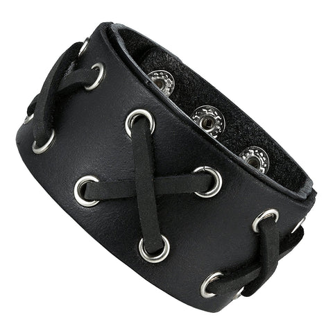 Urban Jewelry Black Genuine Leather Cuff Bangle Men's Bracelet Bold Punk Style (adjustable 8.25 inches)