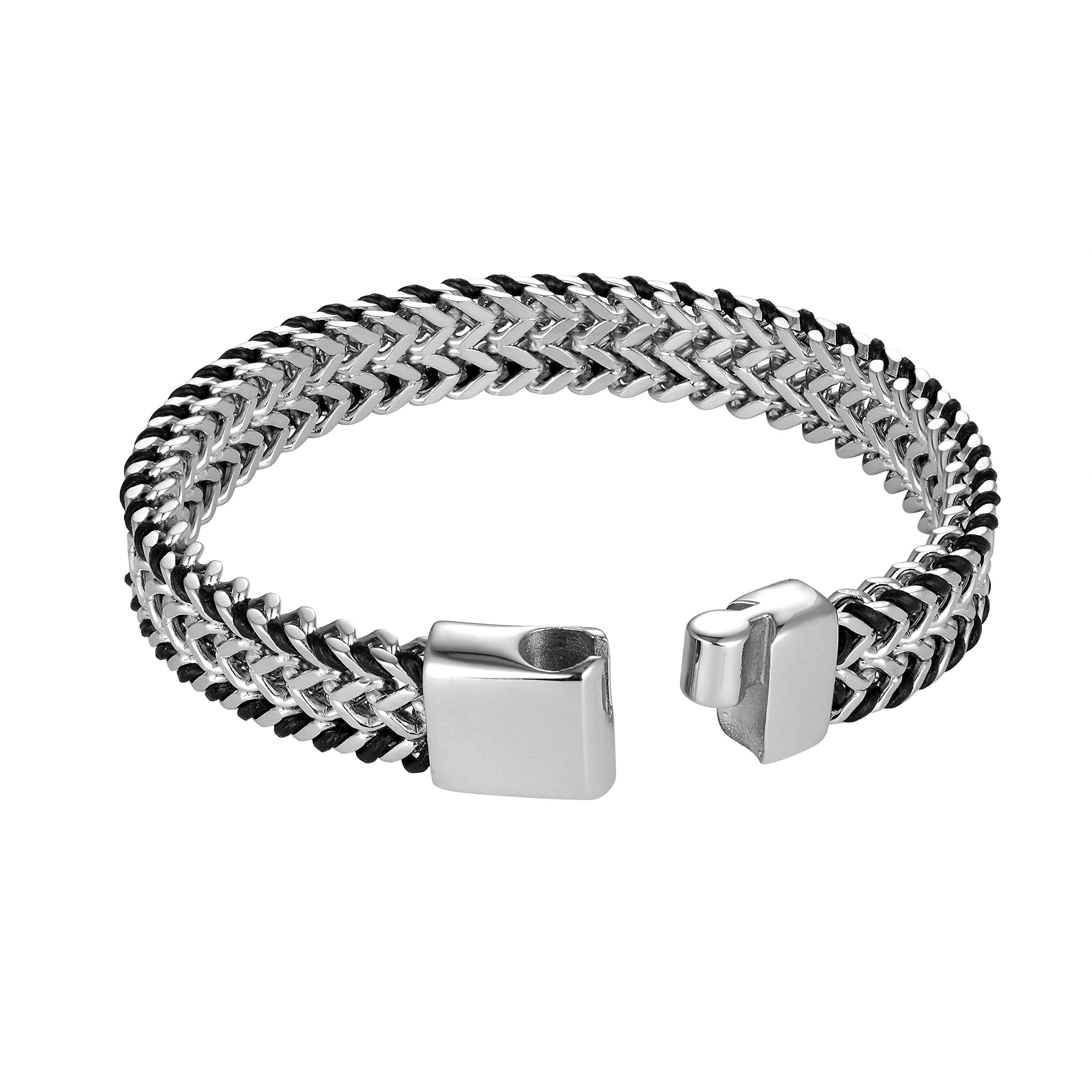 Handsome Men’s Bracelet – Mesmerizing Silver Finish Foxtail Chain with Black Genuine Leather Detail – Rust & Discoloration Resistant Stainless Steel Chain – Jewelry Gift or Accessory for Men