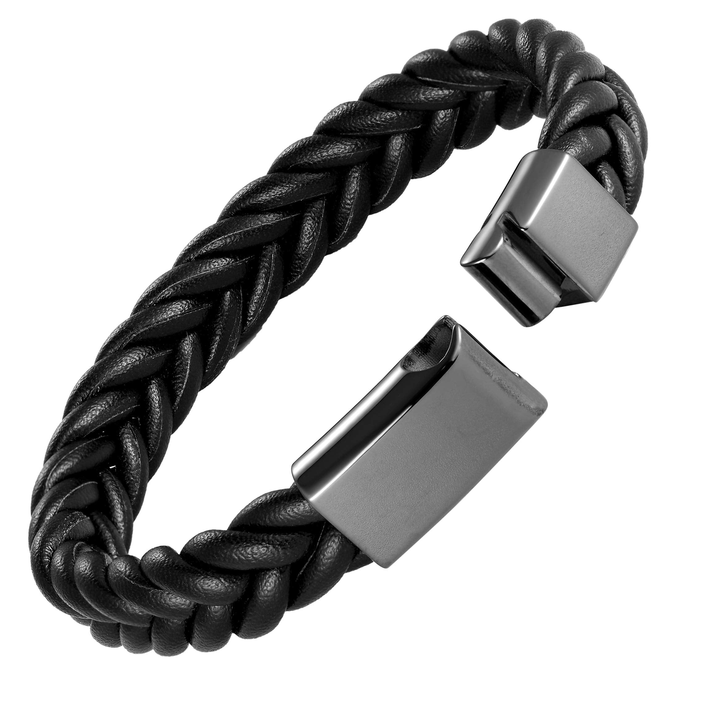 Stylish Men’s Bracelet – Contemporary Black Braided Leather Rope Design with Gunmetal Grey Clasp – Made of Comfy Genuine Leather & Stainless Steel – Jewelry Gift or Accessory for Men