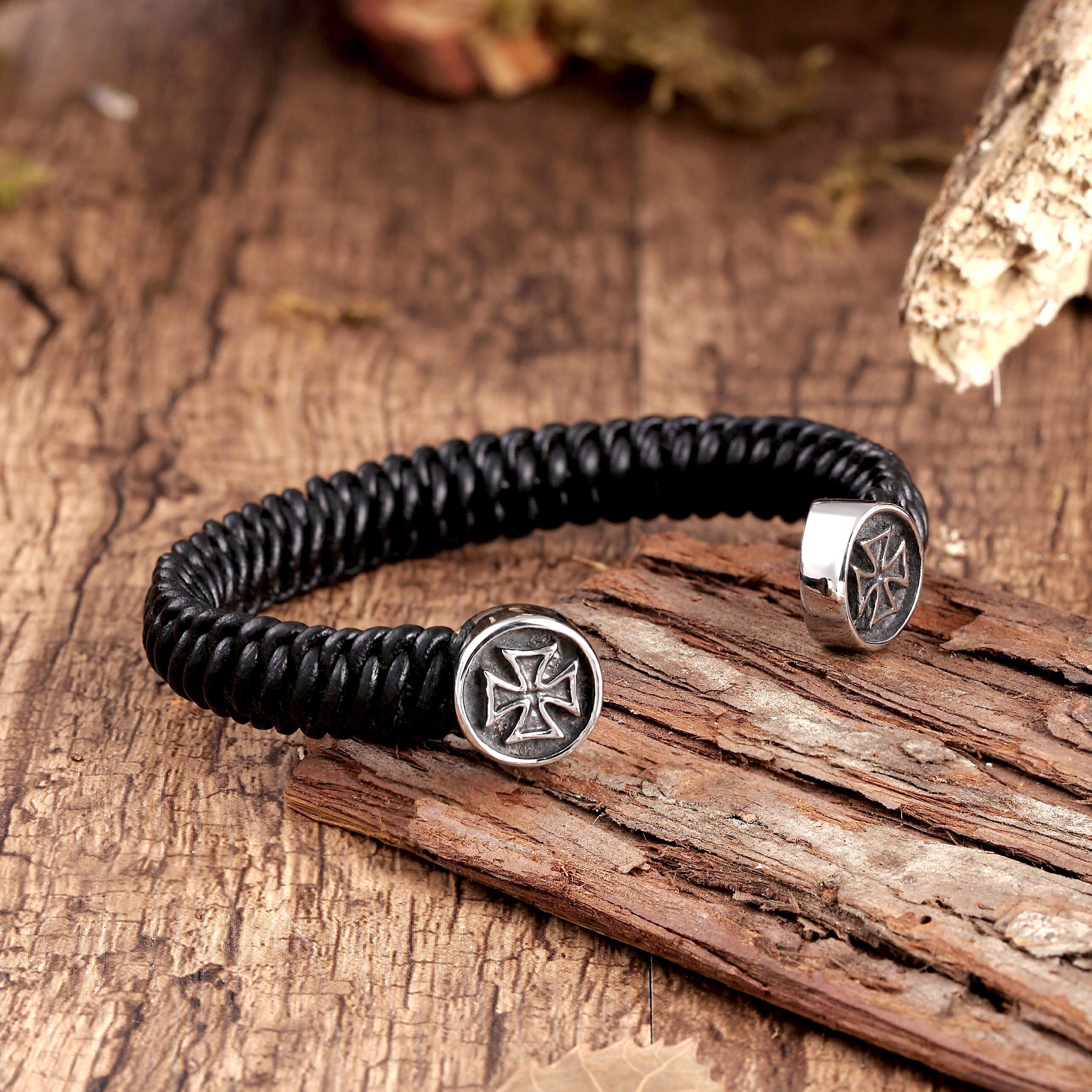 Stylish Men’s Bracelet – Bolnisi Cross Emblem in Black & Silver Color – Black Braided Rope Cord Band – Made of Genuine Leather & Rust Resistant Stainless Steel – Jewelry Gift or Accessory for
