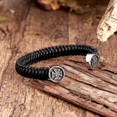 Stylish Men’s Bracelet – Bolnisi Cross Emblem in Black & Silver Color – Black Braided Rope Cord Band – Made of Genuine Leather & Rust Resistant Stainless Steel – Jewelry Gift or Accessory for