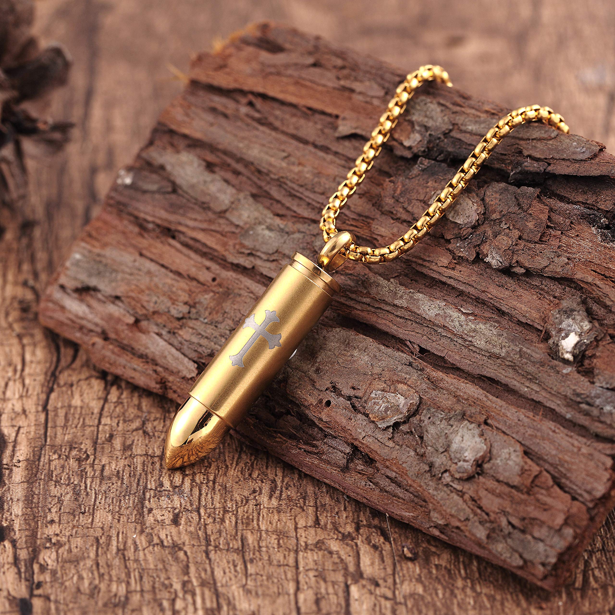 Urban Jewelry Striking Men’s Bullet Locket Necklace – Detailed with The Lord’s Cross in a Polished Gold, Silver or Black Finish – Rust & Discoloration Resistant Stainless Steel Pendant and Chain