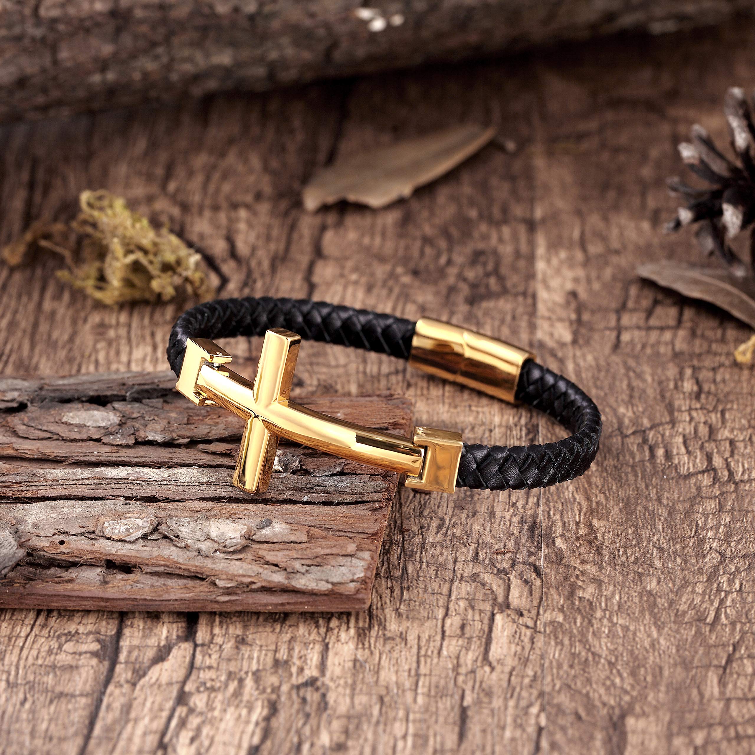 Urban Jewelry Trendy Men’s Cross Bracelet – Lord’s Cross in a Luminous Silver or Gold Finish – Rust & Discoloration Resistant Stainless Steel Charm – Black Genuine Leather Rope Cord