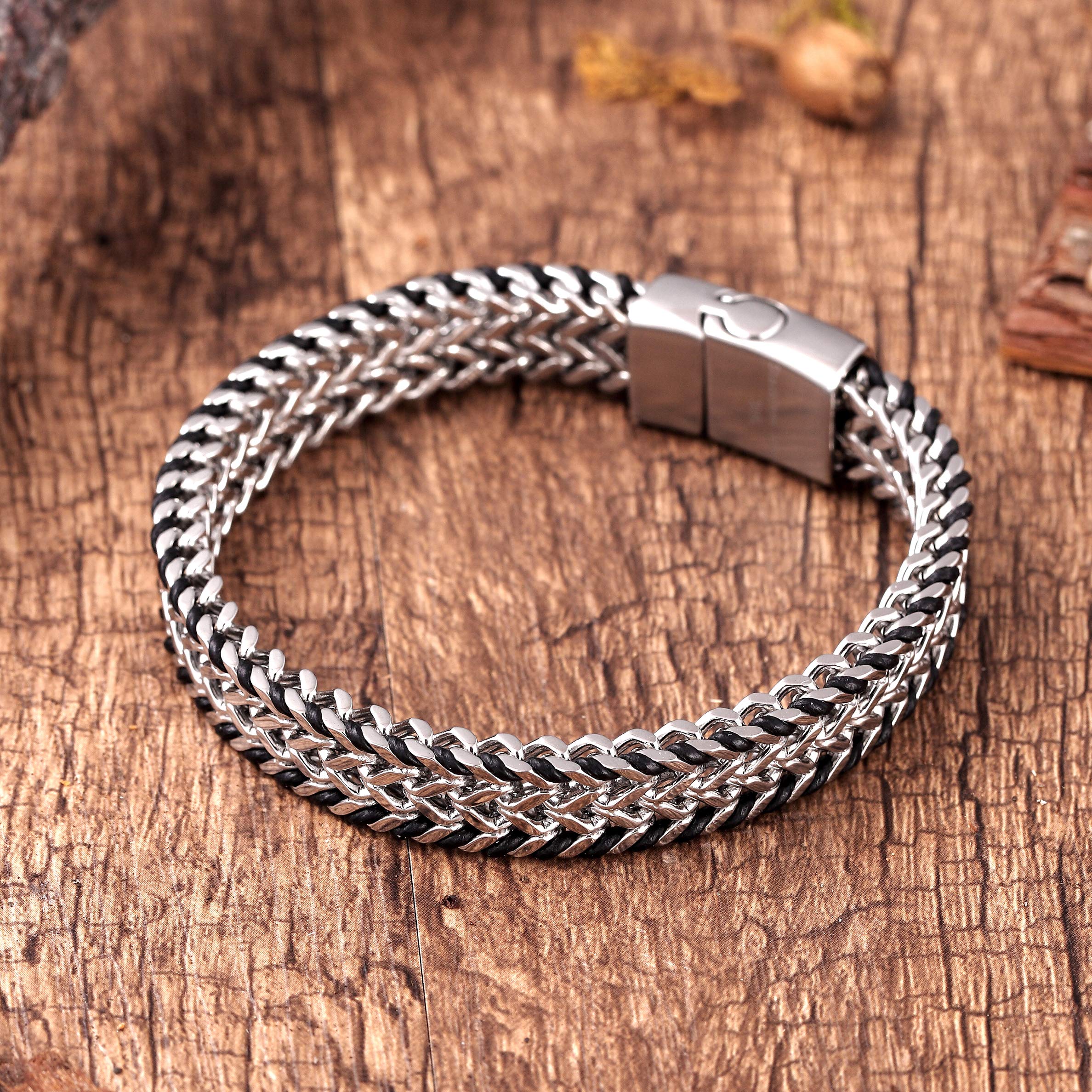 Handsome Men’s Bracelet – Mesmerizing Silver Finish Foxtail Chain with Black Genuine Leather Detail – Rust & Discoloration Resistant Stainless Steel Chain – Jewelry Gift or Accessory for Men