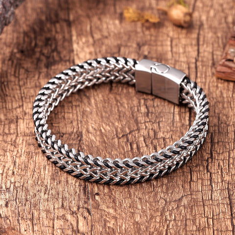 Handsome Men’s Bracelet – Mesmerizing Silver Finish Foxtail Chain with Black Genuine Leather Detail – Rust & Discoloration Resistant Stainless Steel Chain – Jewelry Gift or Accessory for Men