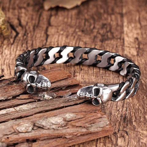 Bold Men’s Biker Bracelet – Death’s Skull Design in a Polished Silver Finish Band – Rust & Discoloration Resistant Stainless Steel with Black Genuine Leather Detail– Jewelry Gift for Men