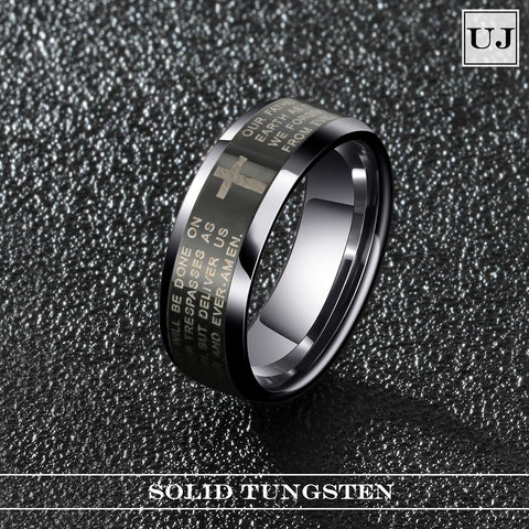 URBAN JEWELRY Men’s Christian Ring – Inscribed with The Religious Lord’s Prayer and Cross – Black and Silver Color – Polished Solid Tungsten Carbide Material for Him