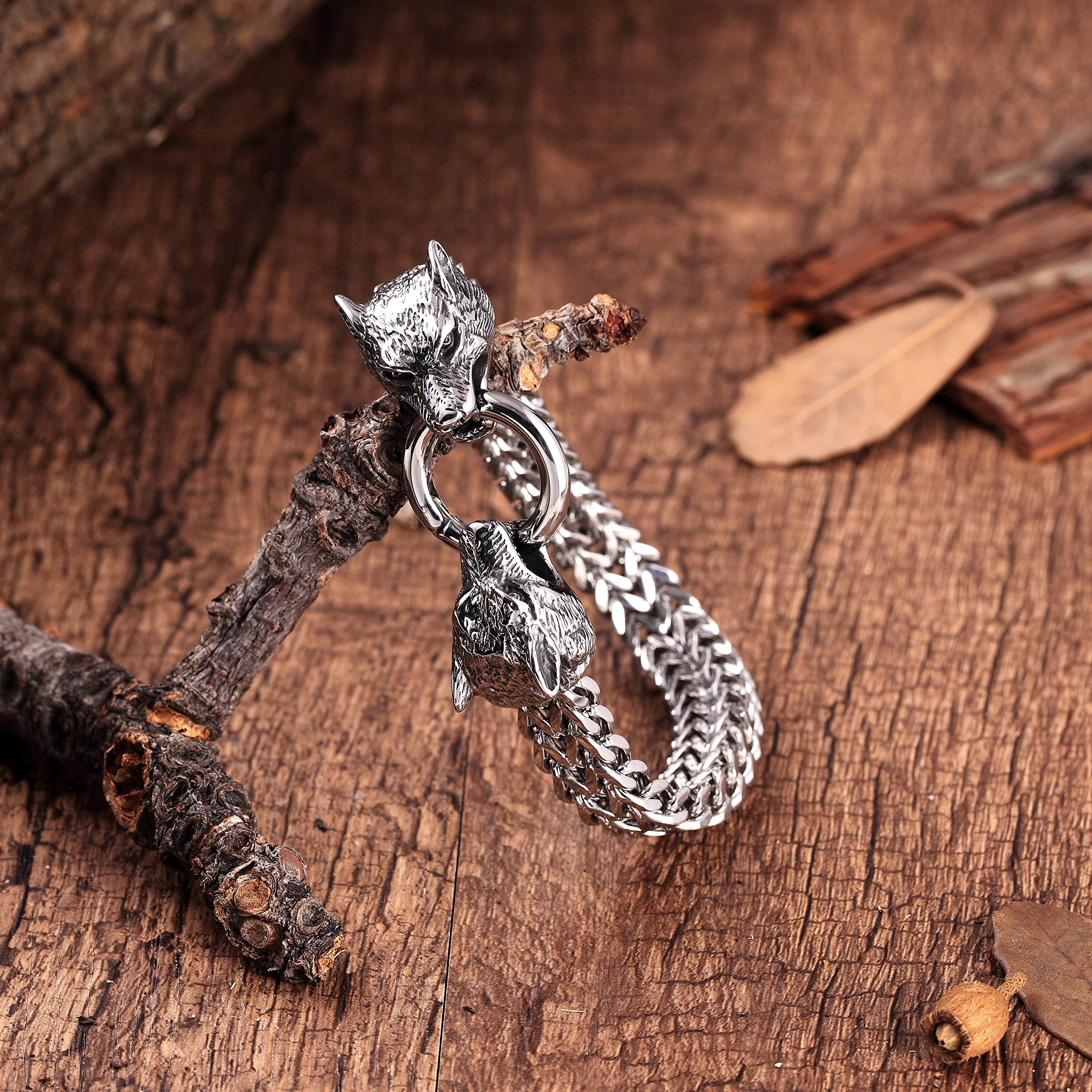 Daringly Bold Men’s Biker Bracelet – Foxtail Chain with Wolf’s Head Design – Polished Silver Finish – Made of Rust & Discoloration Resistant Stainless Steel – Jewelry Gift or Accessory for Men