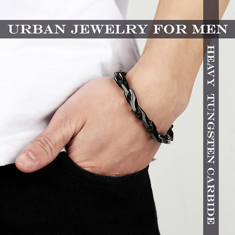 Urban Jewelry Classy Men's Solid Heavy Wheat Tungsten Carbide Bracelet - 3 Sided Links (Black)