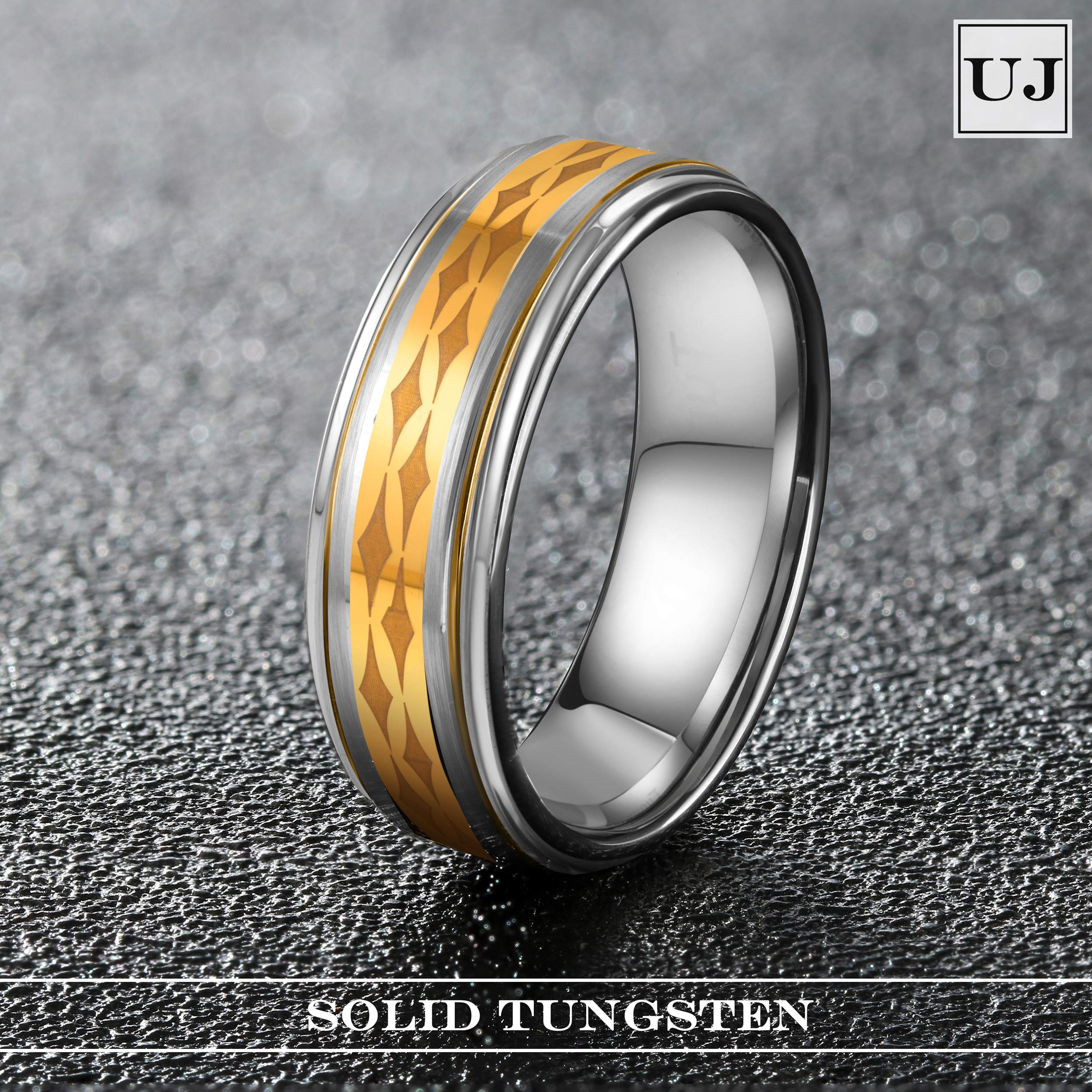 URBAN JEWELRY Men’s Ring Featuring The Christian 4 Point Star – Lustrous Silver and Gold Color – Made of Solid Tungsten Material – Wedding Band for Him