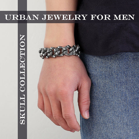 Urban Jewelry Elegant Men's Mini Skull Heads Chain Link Bracelet 8.85 Inches Stainless Steel (Silver Tone)