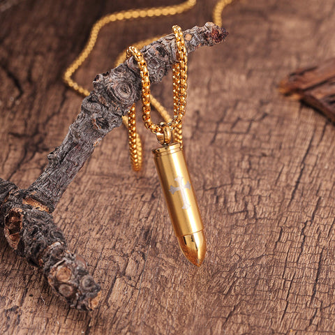 Urban Jewelry Striking Men’s Bullet Locket Necklace – Detailed with The Lord’s Cross in a Polished Gold, Silver or Black Finish – Rust & Discoloration Resistant Stainless Steel Pendant and Chain