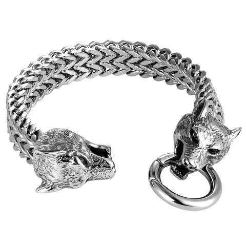 Daringly Bold Men’s Biker Bracelet – Foxtail Chain with Wolf’s Head Design – Polished Silver Finish – Made of Rust & Discoloration Resistant Stainless Steel – Jewelry Gift or Accessory for Men